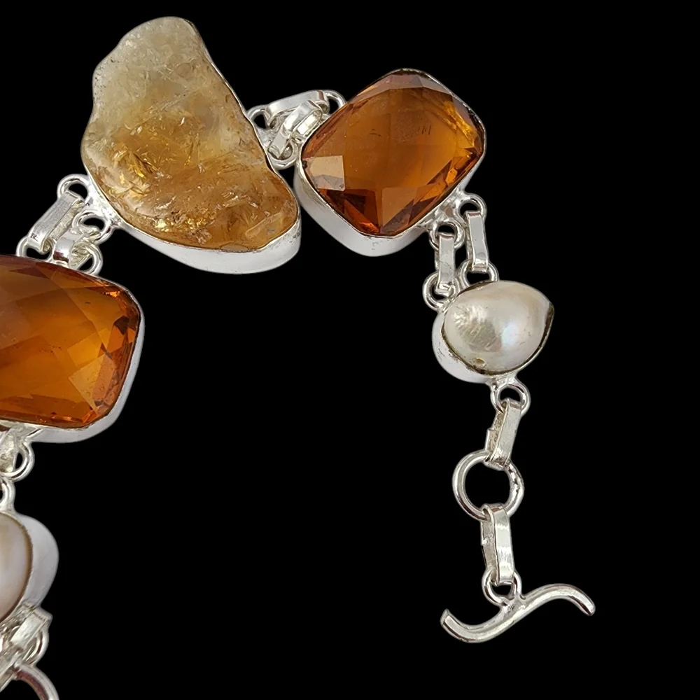 Rough citrine gemstone baroque pearl bracelet amber glass chunky bracelet J04